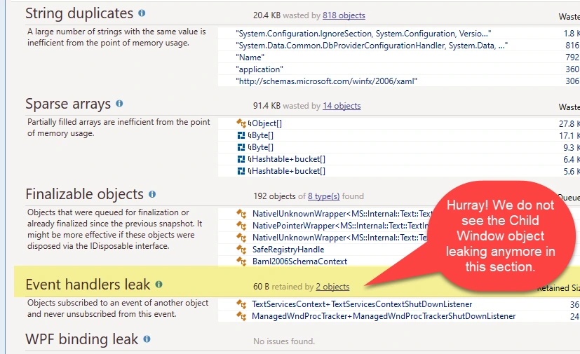dotMemory snapshot showing no leaked ChildWindow objects after detaching the event handler