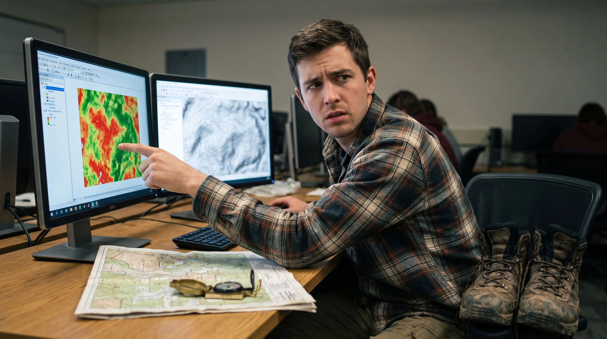 A geoscience student in a GIS lab pointing at one spot on a colourful terrain suitability heatmap, a printed field map and compass on the desk and muddy boots beside the chair