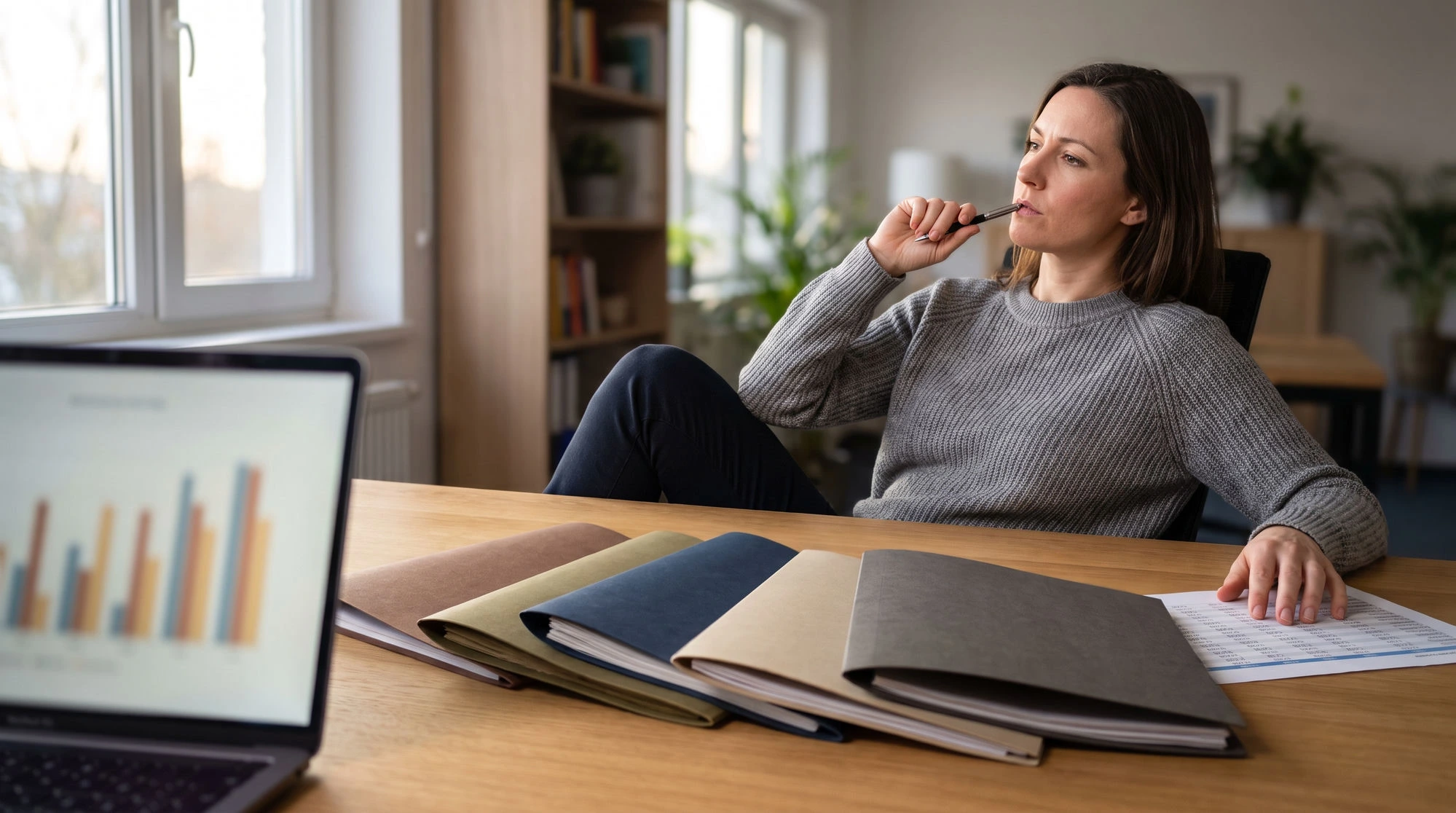 A purchasing manager leaning back at her desk with a pen at her lip, six supplier bid folders fanned out in front of her and a bar chart on her laptop