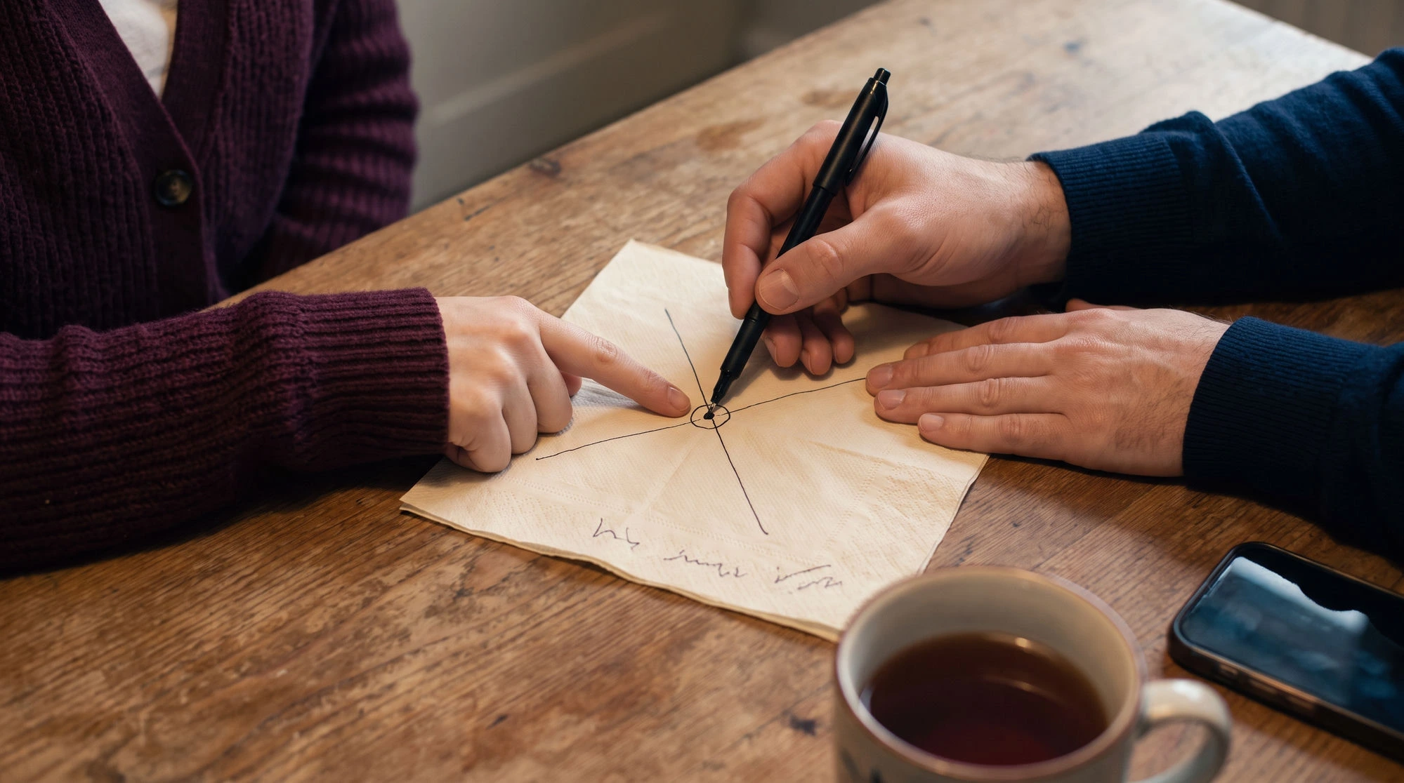 A finger rests beside the 5 percent crossing drawn on a kitchen napkin.