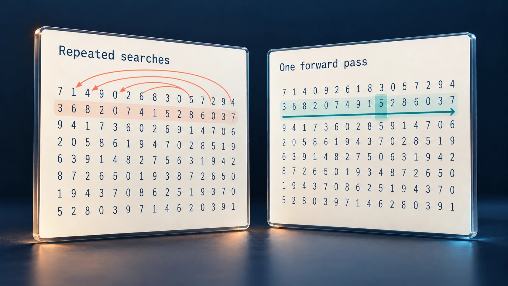 Repeated searches revisit digits; one forward pass carries context.
