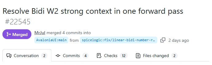 Actual GitHub pull-request header, captured October 29, 2026. PR #22545 is merged into Avalonia main; this records upstream acceptance, not a stable release.