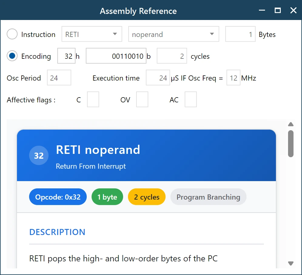 Assembly Reference window in the 8051 Disassembler opened on the RETI instruction, showing encoding 32 hex, two machine cycles, oscillator period, execution time in microseconds, affected flags and a description of what RETI does.