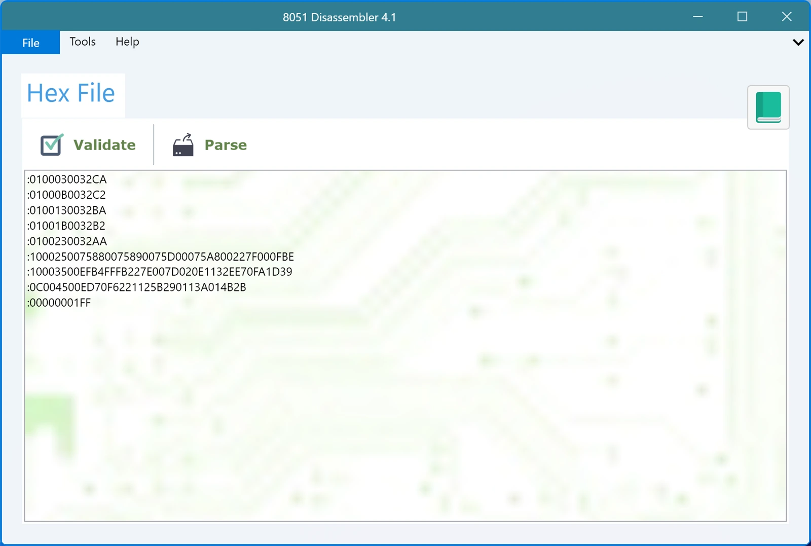 Hex File tab of the 8051 Disassembler with the Validate and Parse buttons above the editor, used to check an Intel HEX file for checksum and structure errors before disassembling it.