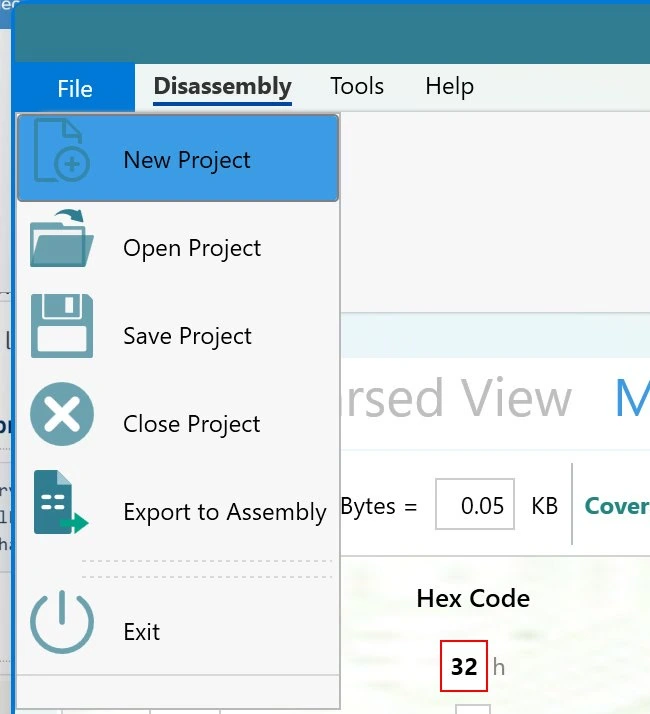 File menu of the 8051 Disassembler open, with Export to Assembly listed under New Project, Open Project, Save Project and Close Project.