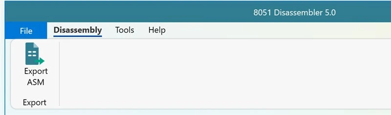 Disassembly tab of the 8051 Disassembler ribbon with the Export ASM button in its own Export group, the one click route to the assembly export once a hex file has been parsed.