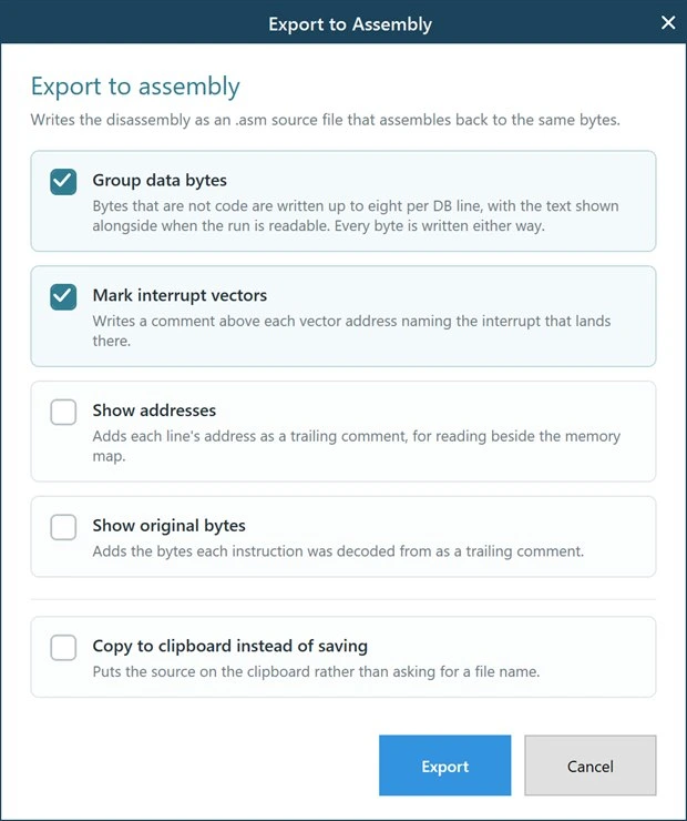 Export to Assembly options dialog in the 8051 Disassembler, with Group data bytes and Mark interrupt vectors checked, Show addresses, Show original bytes and Copy to clipboard instead of saving unchecked, above the Export and Cancel buttons.
