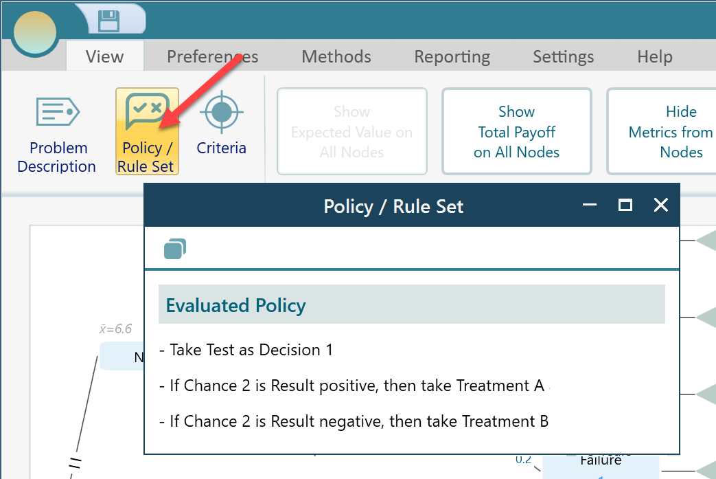 Policy and Ruleset panel opened from the View menu, listing the recommended strategy for the tree as readable text instructions.