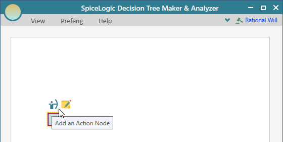 Flyover menu on a selected Decision node listing only the valid child types it can contain (Action nodes).