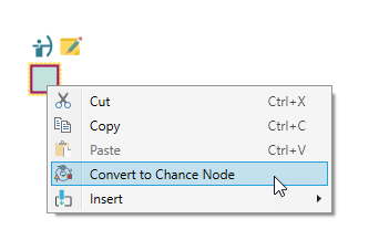 Right-click context menu on a Decision root node with the Convert to Chance Node option for switching its type in place.