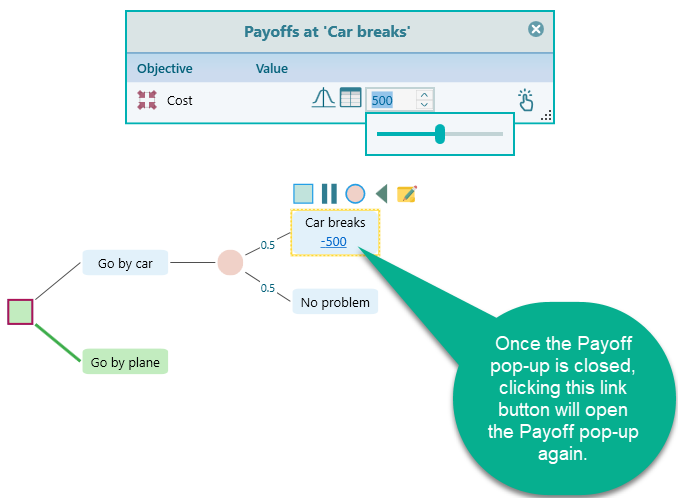 Inline payoff editor opened on an event node so the user can enter the value for this branch.