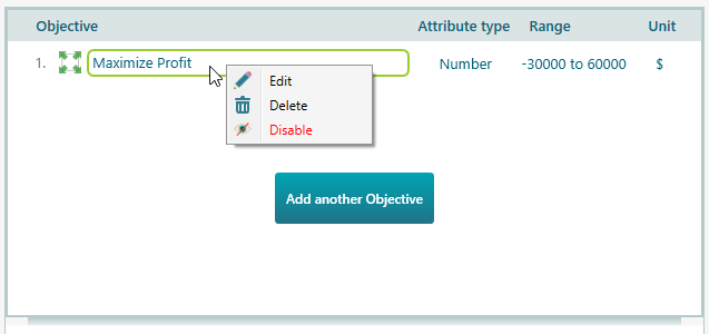 Right-click context menu inside the criteria manager with the Edit option highlighted, used to open the criterion editor for the selected objective.