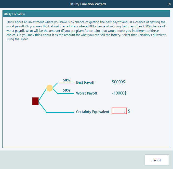 Opening screen of the certainty-equivalent game-play wizard that elicits a utility function by asking the user how much they would accept to avoid a lottery.