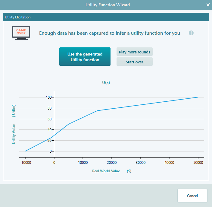 Utility function generated by the game-play wizard after several rounds of certainty-equivalent answers, with the 'Use the Generated Utility Function' button visible.