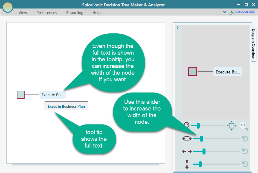 Tip on adjusting decision tree node width to improve diagram aesthetics inside Decision Tree Analyzer.