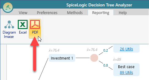 Reporting section of the ribbon with the PDF button highlighted, used to generate a complete PDF report of the current decision analysis model.