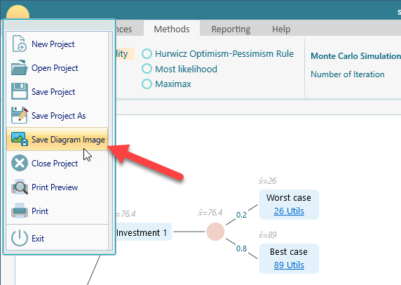 Application menu showing the diagram export commands available from the top-level menu as well, alongside Print and Print Preview.