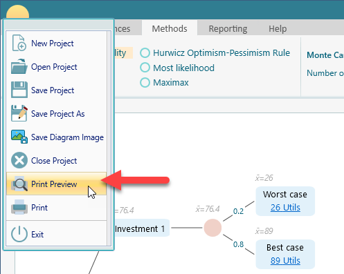 Application menu with the Print and Print Preview commands highlighted, used to send the decision model to a printer or preview window.