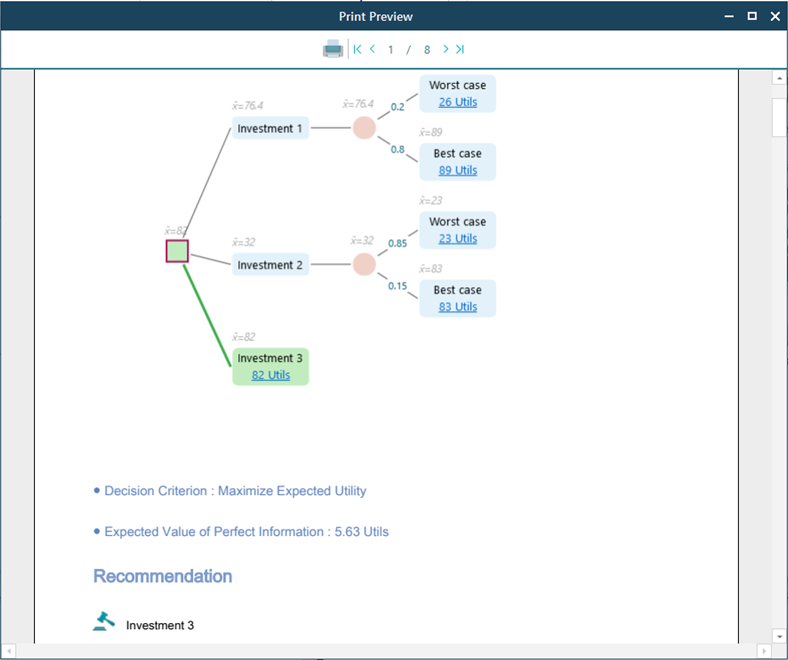 Print Preview window which internally generates the PDF report and displays it for review before printing the decision model.