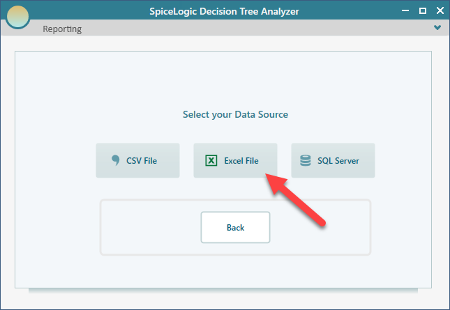 Data source type picker offering CSV, Excel, and SQL Server as inputs to the Decision Tree Analyzer machine learning module.