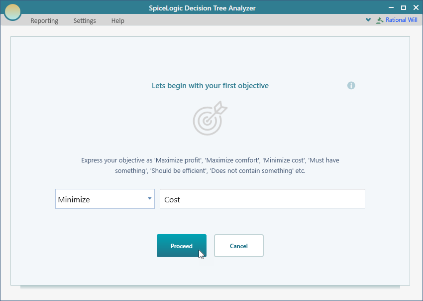 Objective start screen after entering Minimize-Cost as a subjective criterion, ready to proceed to the data-type confirmation step.