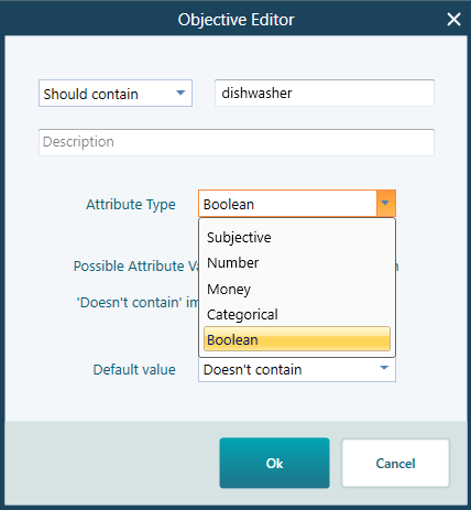 Attribute Type drop-down in the Objective Editor offering Subjective, Number, Money, Categorical, and Boolean, used to switch the criterion's data type without recreating it.
