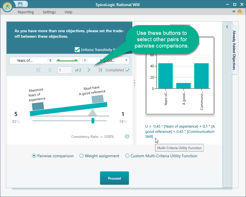 Decision Matrix pairwise comparison screen where the user weighs each pair of criteria against each other, producing the relative importance weights used in the weighted sum.