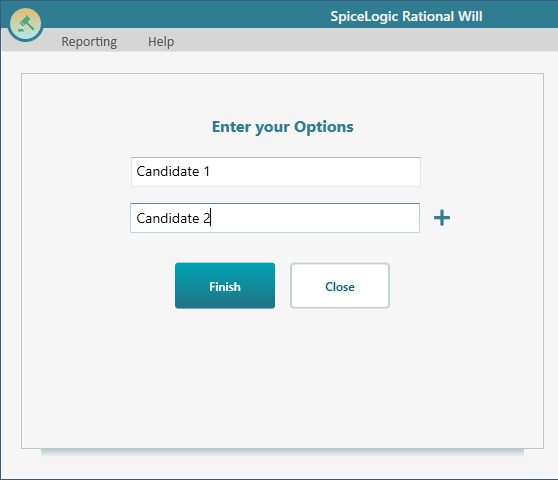 Decision Matrix 'Enter your Options' screen with two options entered (Candidate 1 and Candidate 2) and a Finish button, ready to be evaluated against the previously defined criteria.