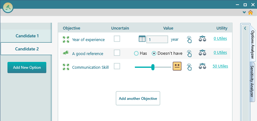 Decision Matrix options page showing per-option input controls that adapt to the criterion type: a slider for subjective Communication Skill, a numeric field for Years of Experience, and a yes/no toggle for the Must-Have reference.