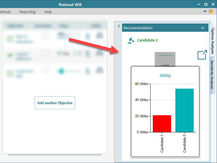 Decision Matrix Options Analyzer with a weighted-sum column chart per candidate and a recommendation showing which option best fits the user's preferences and criteria.