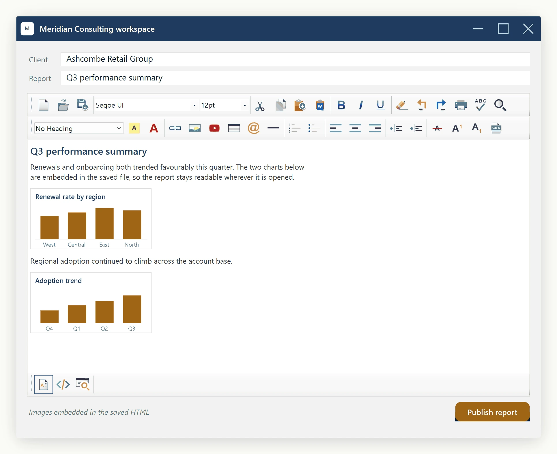 A client report open in the SpiceLogic WinForms HTML Editor with both charts still rendering after their original image files were deleted from disk, because EmbedLocalImagesAsBase64 folded the image bytes into the document as data URIs.