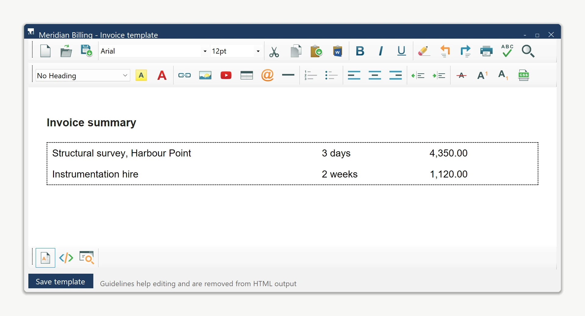 The WinForms HTML Editor displaying editing guidelines around a borderless invoice table.