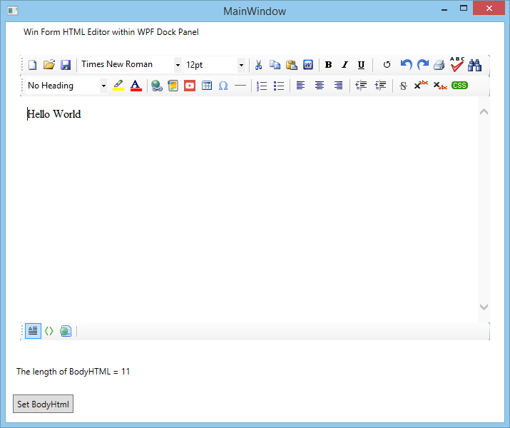 Runtime view of a WPF application showing the SpiceLogic WinForms HTML Editor toolbar and body area rendered through WindowsFormsHost at run time.