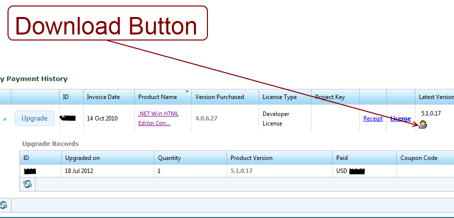 SpiceLogic My Account Purchase Record grid showing the WinForms HTML Editor Control license key copy button