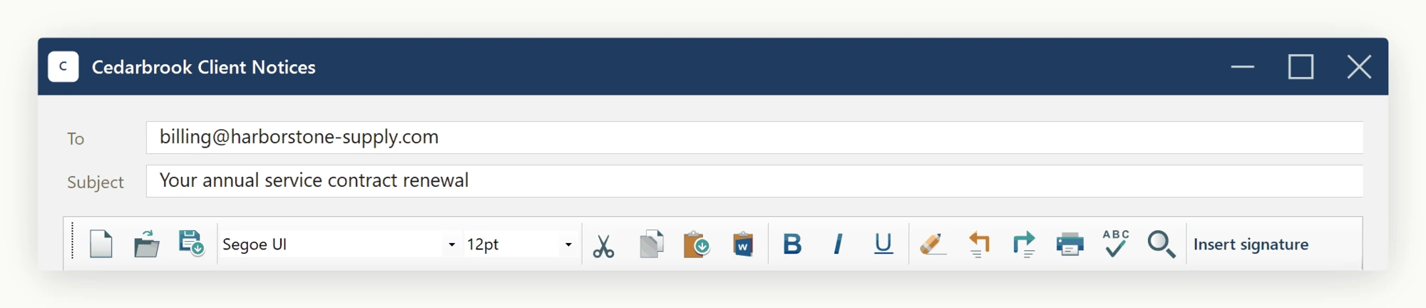 A custom button labelled Insert signature added in code to the end of the SpiceLogic WinForms HTML Editor's built-in toolbar, sitting alongside the factory buttons in a running application.