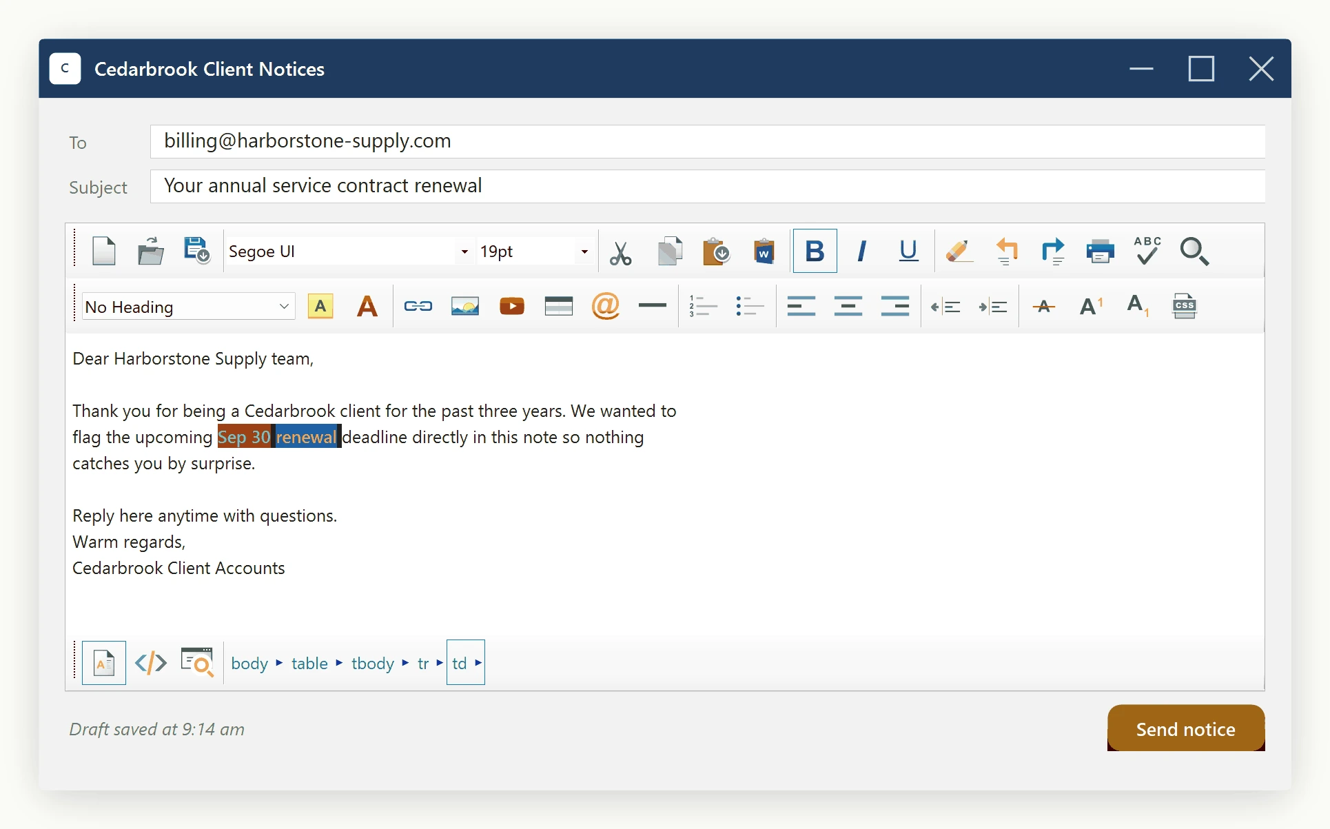 After InsertHtml is called with keepSelected set to true, the SpiceLogic WinForms HTML Editor shows the newly inserted Sep 30 renewal text still highlighted as a live selection.
