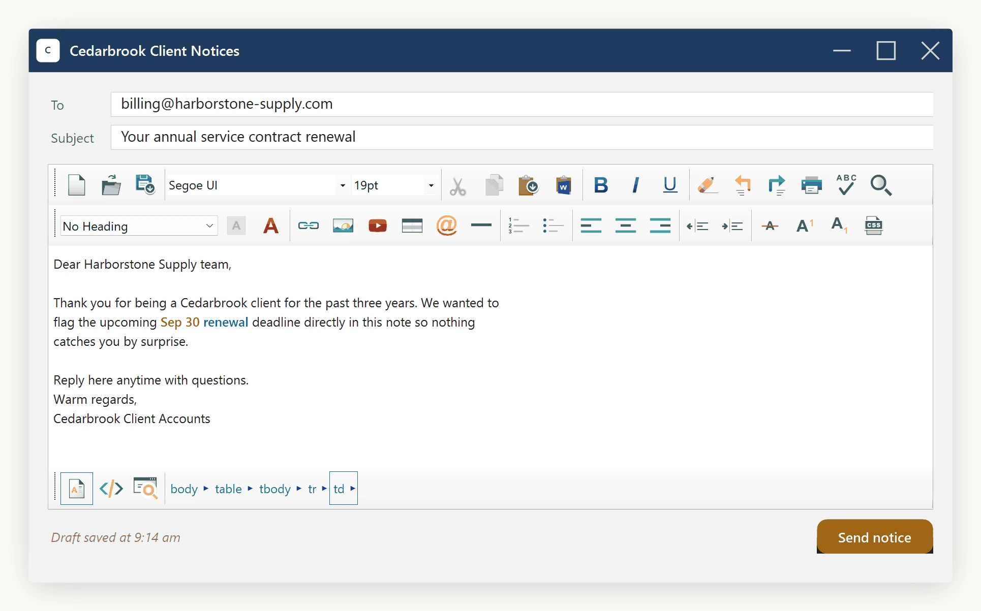 After InsertHtml is called with keepSelected set to false, the SpiceLogic WinForms HTML Editor shows the same Sep 30 renewal text inserted at the caret with no selection highlight left behind.