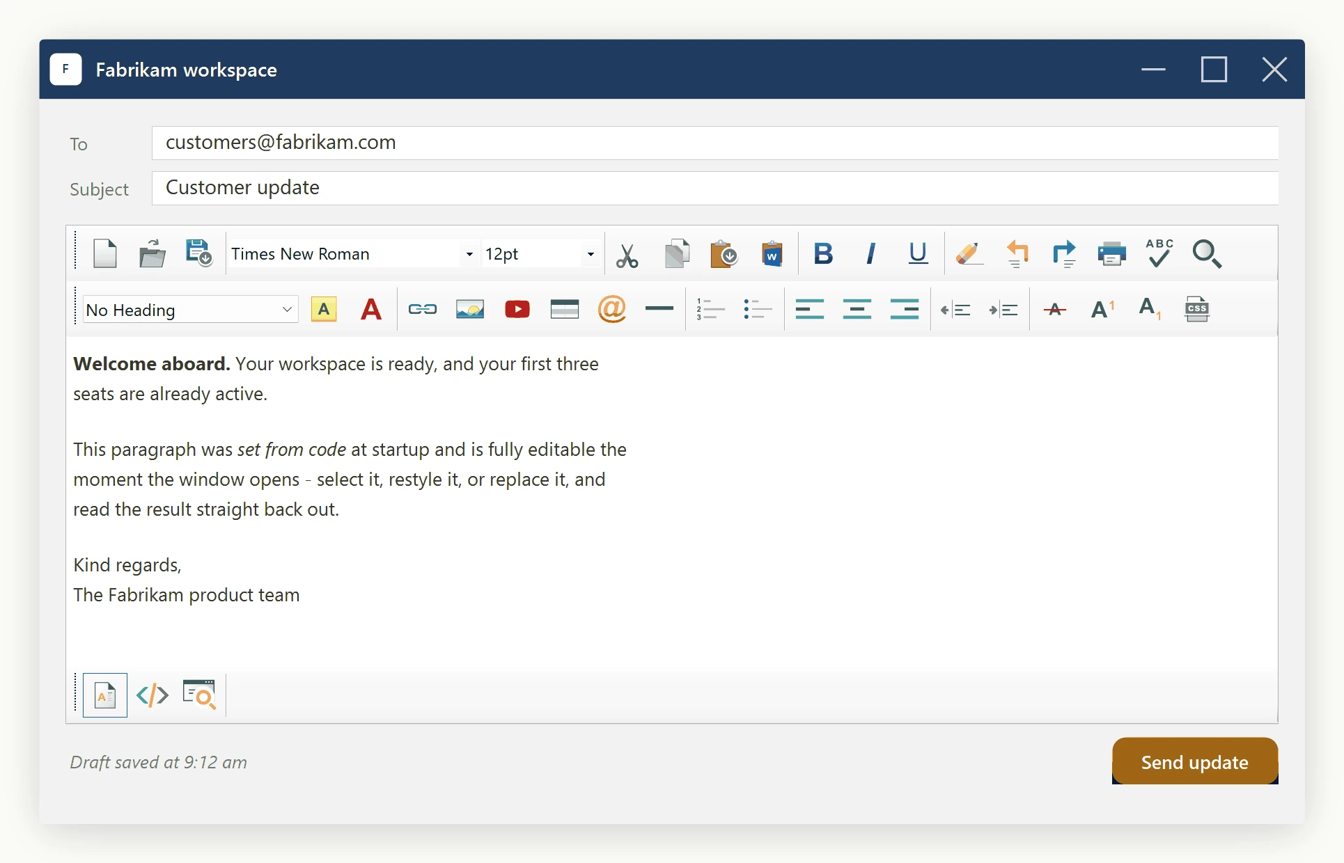 Running the minimal SpiceLogic WinForms HTML Editor demo showing BodyHtml content rendered at runtime with the default customizable toolbar visible.