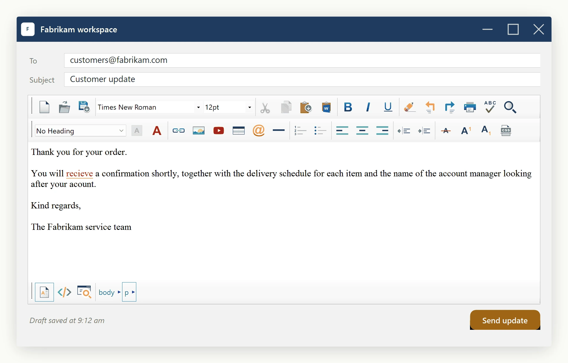 The SpiceLogic WinForms HTML Editor with its in-place spell checker running: misspelled words are underlined with a red squiggle as you type, alongside the full customizable toolbar.