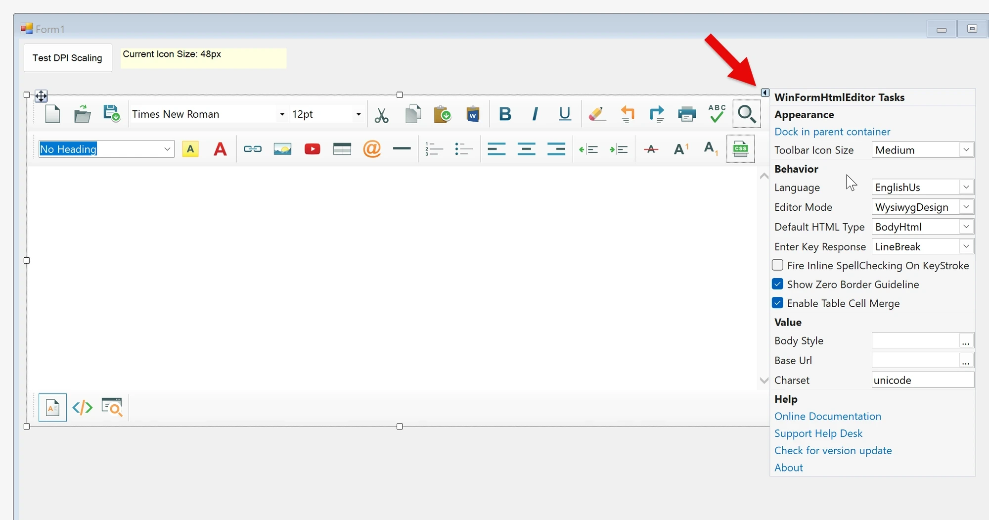 WinForms HTML Editor in the classic .NET Framework designer with its Tasks panel open; the red arrow marks the smart-tag button.