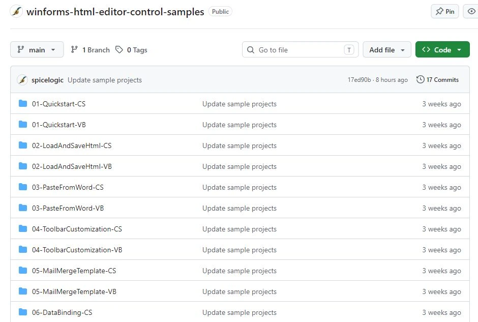 WinForms HTML Editor sample repository on GitHub, showing the repository name, Code menu and C# and VB.NET sample folders.