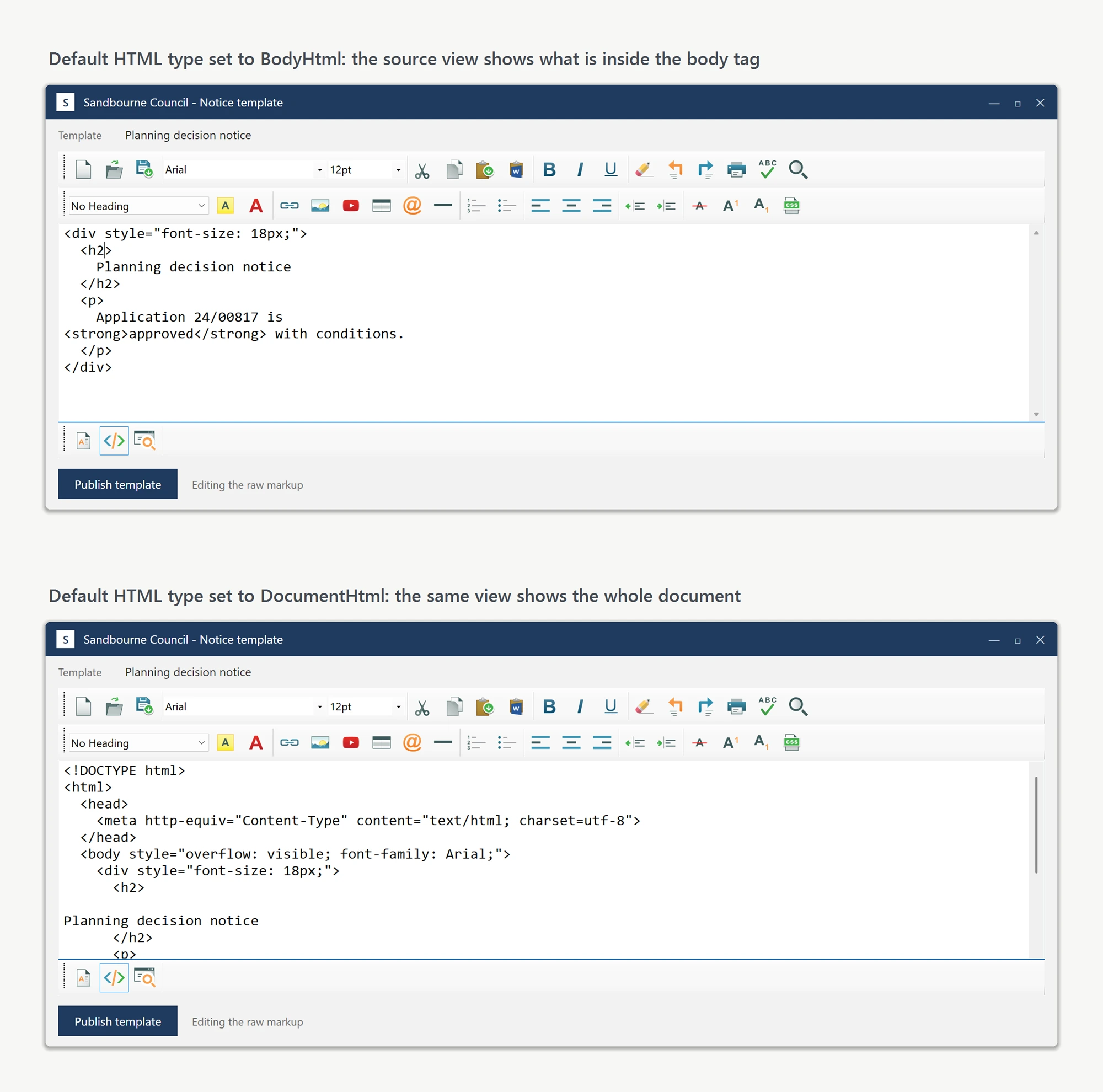 The WinForms HTML editor in HTML source mode twice over the same document: with DefaultHtmlType set to BodyHtml the source view shows only the markup inside the body tag, and with it set to DocumentHtml the same view shows the whole document including the DOCTYPE, html, head and body tags