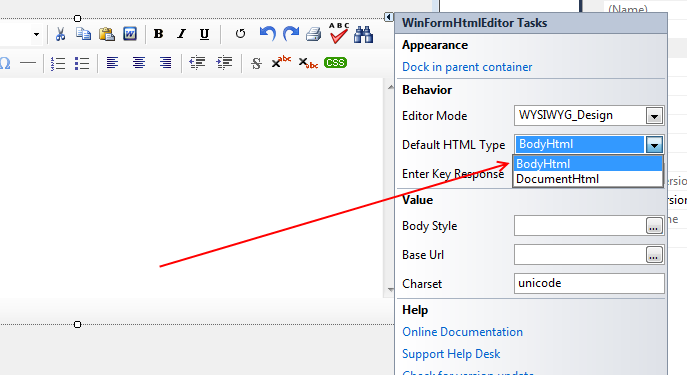 Visual Studio designer smart-tag Tasks pane for the SpiceLogic WinFormHtmlEditor with the Default HTML Type dropdown open showing the BodyHtml and DocumentHtml choices, called out with a red arrow.