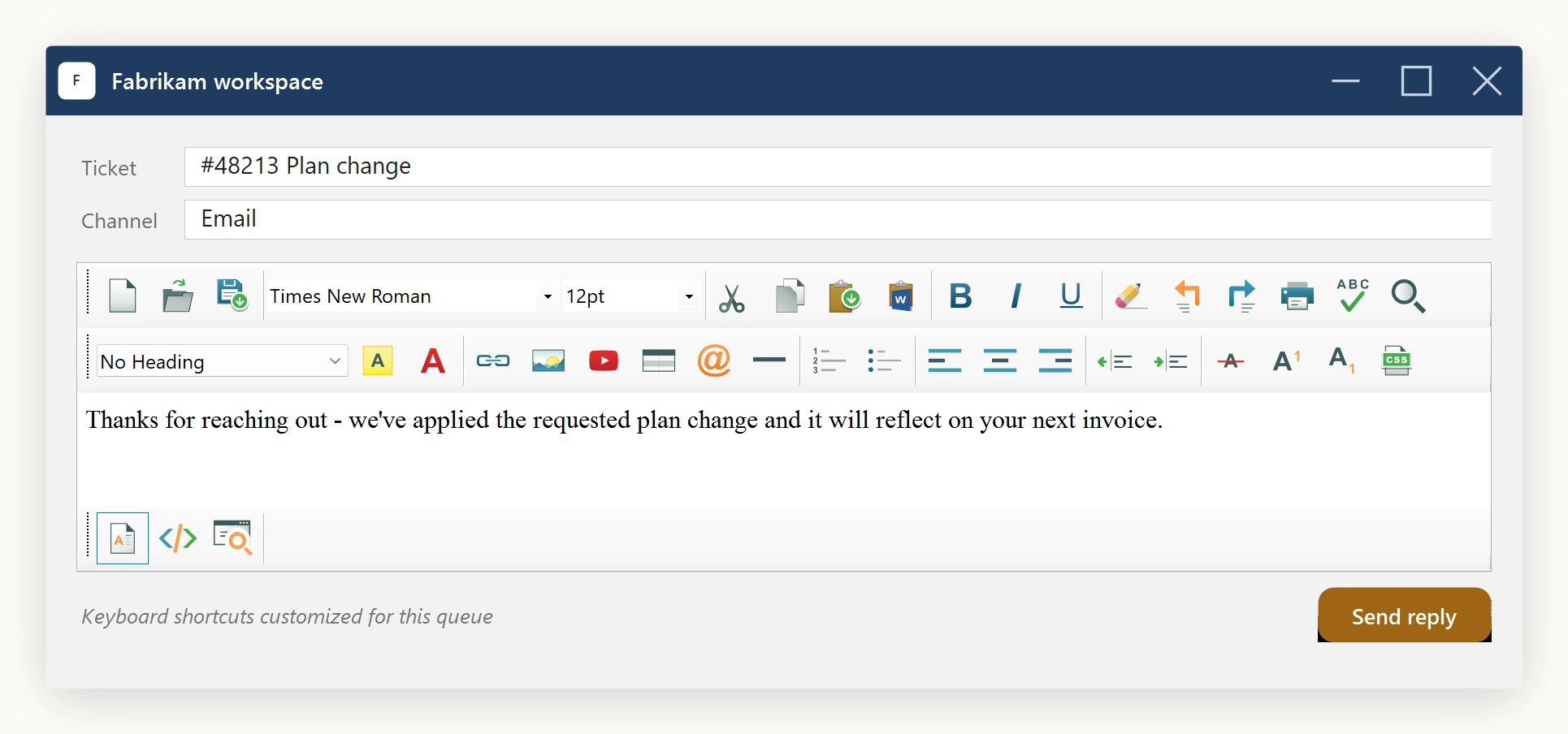 A WinForms support-desk window hosting the HTML editor on a ticket reply, the surface whose keyboard shortcuts the KeyBindings manager customizes.