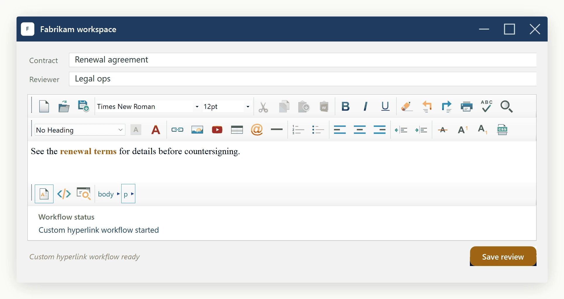 A WinForms host application where Ctrl+Shift+H has been rebound to the host's own hyperlink workflow, shown taking effect on the document at runtime.