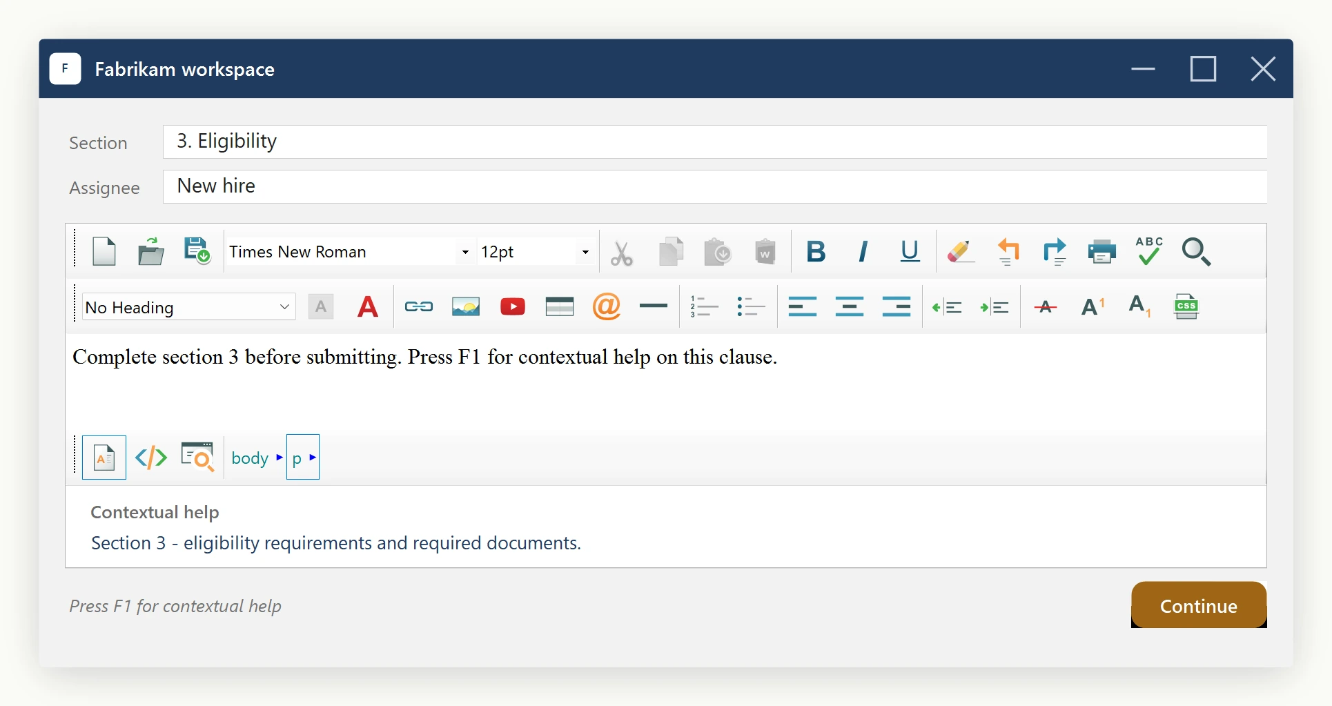 A WinForms host application where pressing F1 inside the HTML editor, intercepted through the PreProcessMessage event, opens a contextual help panel below the editing surface.