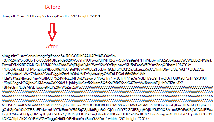 Same HTML document shown before and after converting local file image references into self-contained base64 data URIs using the SpiceLogic WinForms HTML Editor's EmbedLocalImagesAsBase64 helper.