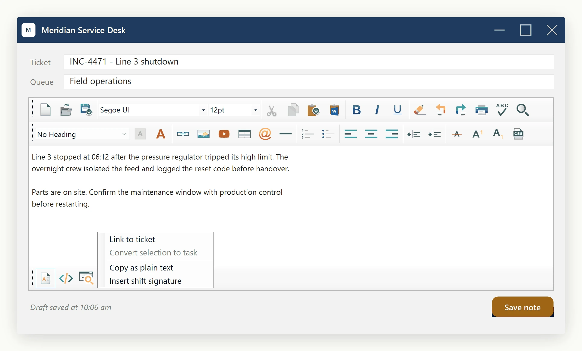 The same custom right-click menu on the SpiceLogic WinForms HTML Editor with Convert selection to task greyed out, because the Opening event handler found no selection in the document.