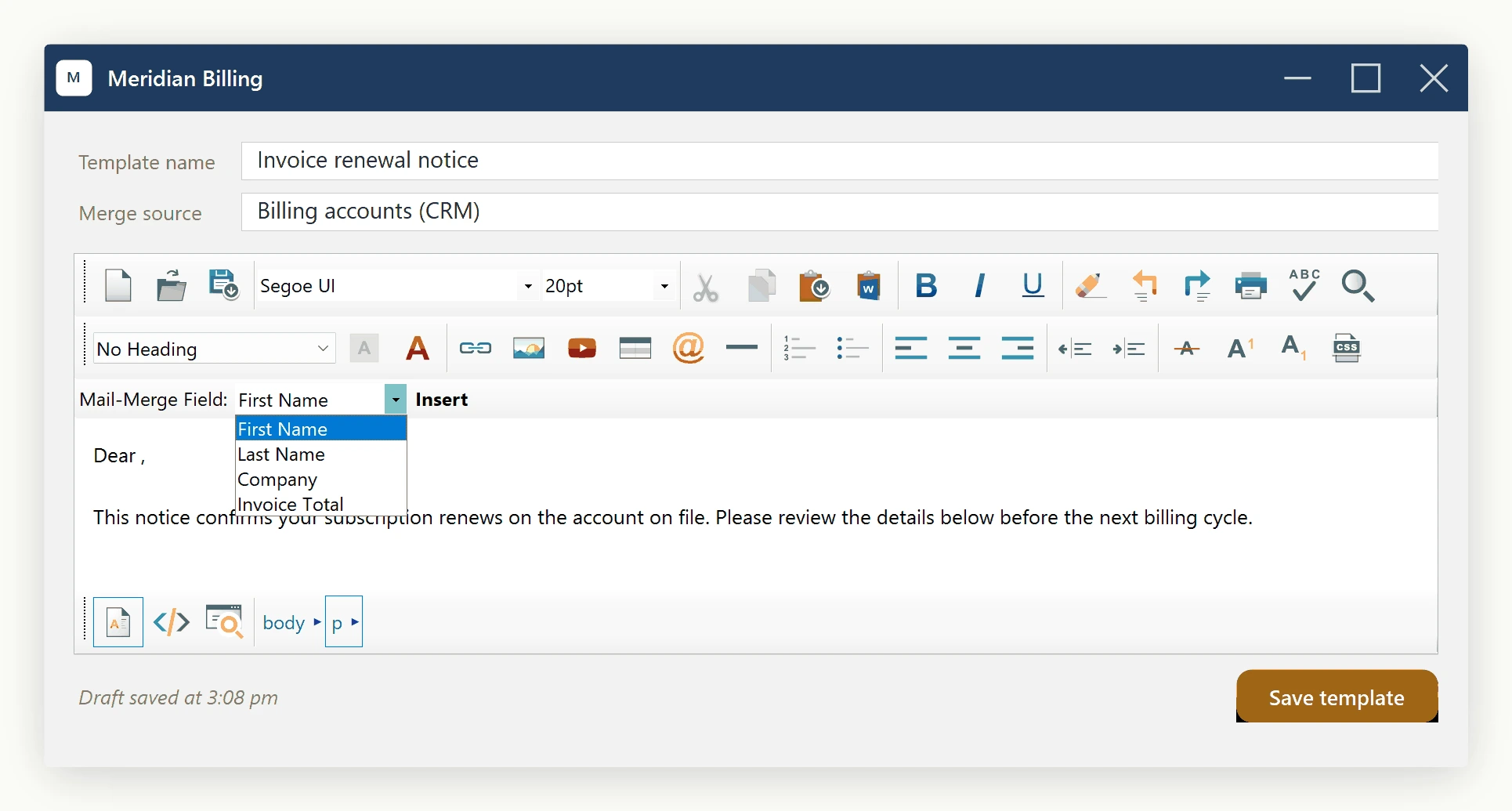A WinForms host application with the mail merge placeholder toolbar docked above the editor, its field dropdown listing the merge fields the host registered.