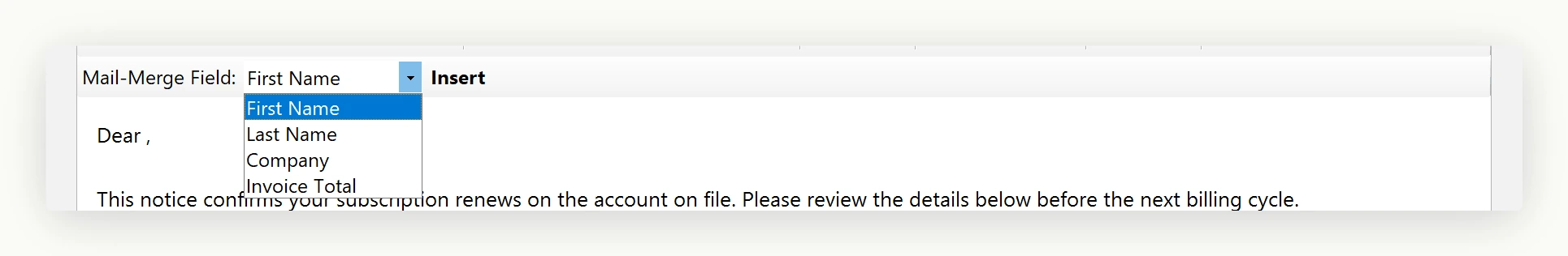 A close view of the mail merge picker row in a WinForms host application with its field dropdown open, listing the merge fields the host registered at runtime.